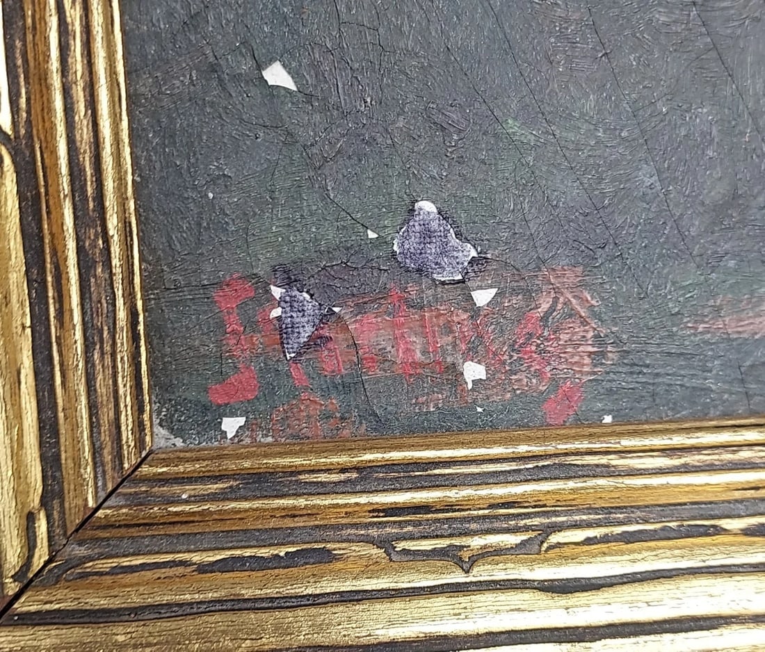 Western mountain scene oil painting on Board 1920 signed great colors sunset - 2