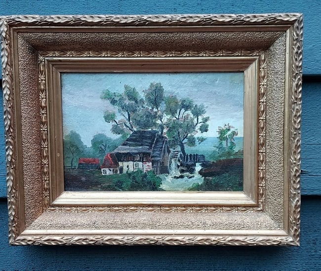 Miniature oil painting on Board 1890 House on lake W.P. gristmill: Great looking piece in Excellent condition. Great look. Backing replaced. Purchased with similar painting signed W.P. Also listed. Measures 8 x 10" with frame. Shipping charges include insurance. 