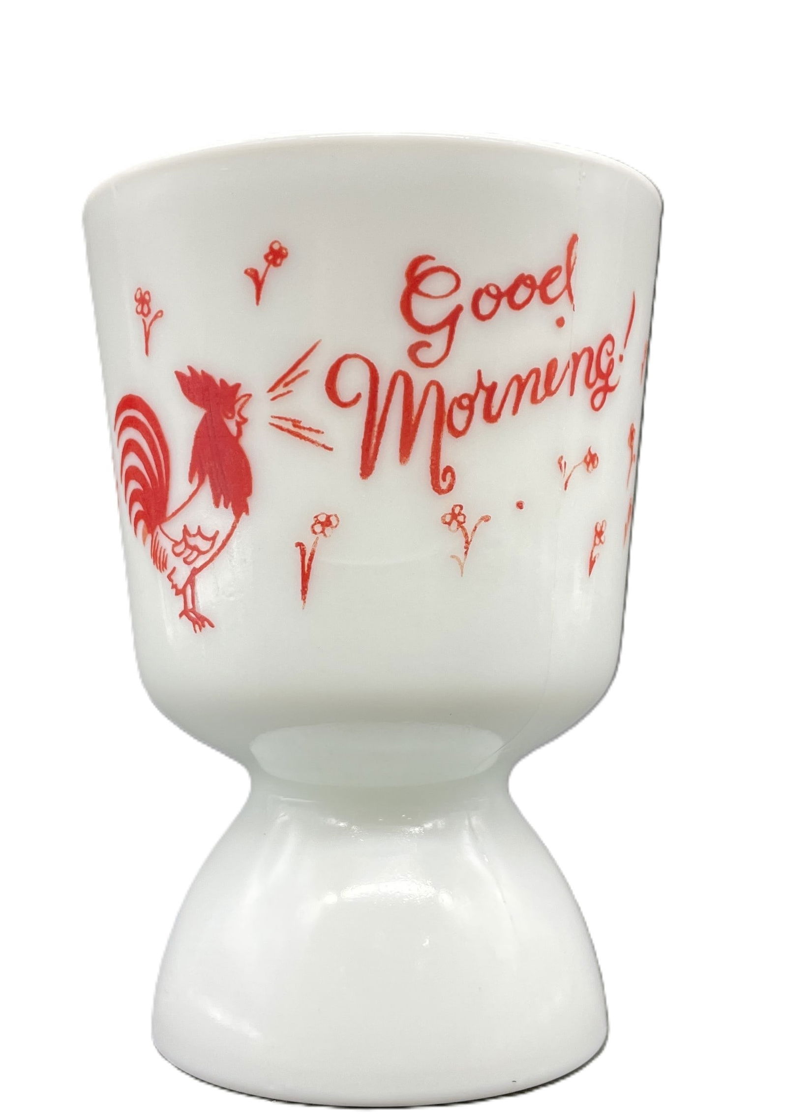 Vintage Rooster Good Morning Egg Cup: Date/Period: UNKNOWNDimension: approx 4.25 x 3Material: milkglassAdditional Information: Vintage Milk Glass Red Graphics Rooster Good Morning Double Egg Cup Shipping:Domestic: Flat-rate of $8.00 to