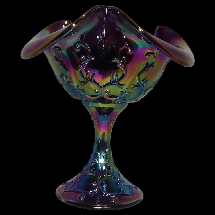 Fenton Amethyst Spanish Lace Carnival Glass Compote: A small footed compote (6” x 6 1/8”) in amethyst carnival glass with the 'Spanish Lace' pattern. Near MINT display condition from a collector's estate. Deep purple base glass with vibrant