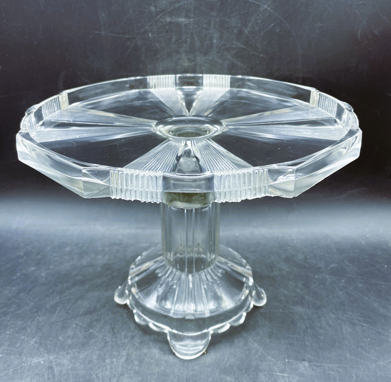 Antique 1882 Glass Cake Stand Pedestal Salver 10" Clear Ribbon Adam's & Co: Date/Period: late 1800'sDimension: approx. 7.75" tall x 10" diamMaterial: glassAdditional Information: Antique 1882 Glass Cake Stand Pedestal Salver 10" Clear Ribbon Adam's & Co Shipping:Domestic: