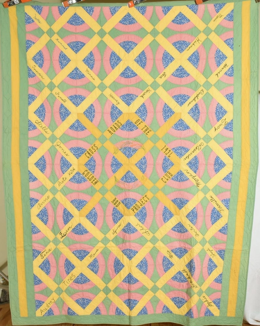 30's Art Deco Quilt dated "1936": This wonderful cotton signature quilt is all machine pieced and hand quilted, with hand embroidered signatures and the following in the center: "Cross Roads of the Golden Rod Project Club 1936." Also