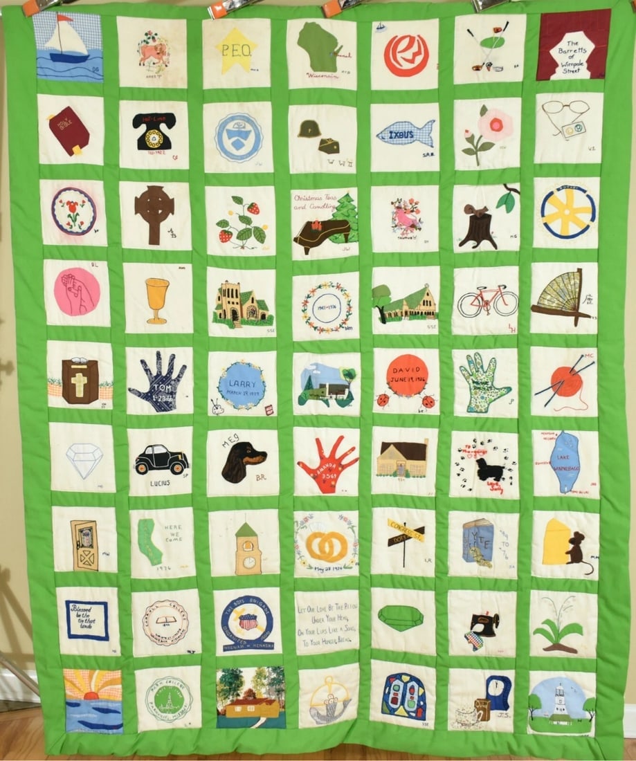 Vintage Commemorative Album Quilt: Description This FOLKY album quilt is all hand and machine appliqued, with elaborate hand embroidered accents. It is likely a commemorative family quilt, with various religious, military, zodiac, map,