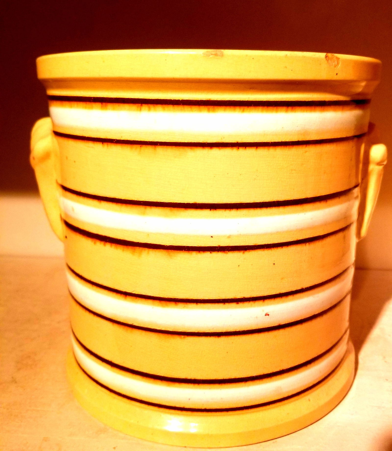 Yellowware jar, brown and white bands - 2