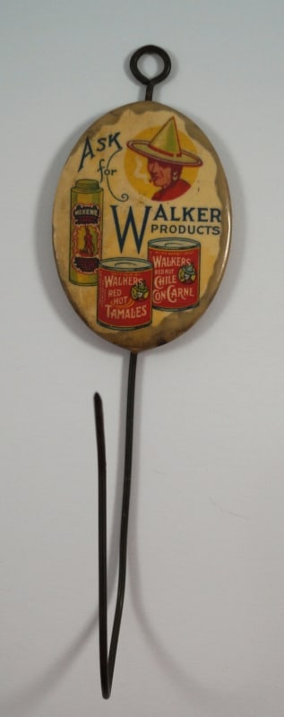 Antique Celluloid Advertising Bill Receipt Hook Walker Tamales: Title: Antique Celluloid Advertising Bill Receipt Hook Walker TamalesDimension: Celluloid – 2 ¾” tall x 2” wide. Overall – 7” tallDate: Ca.