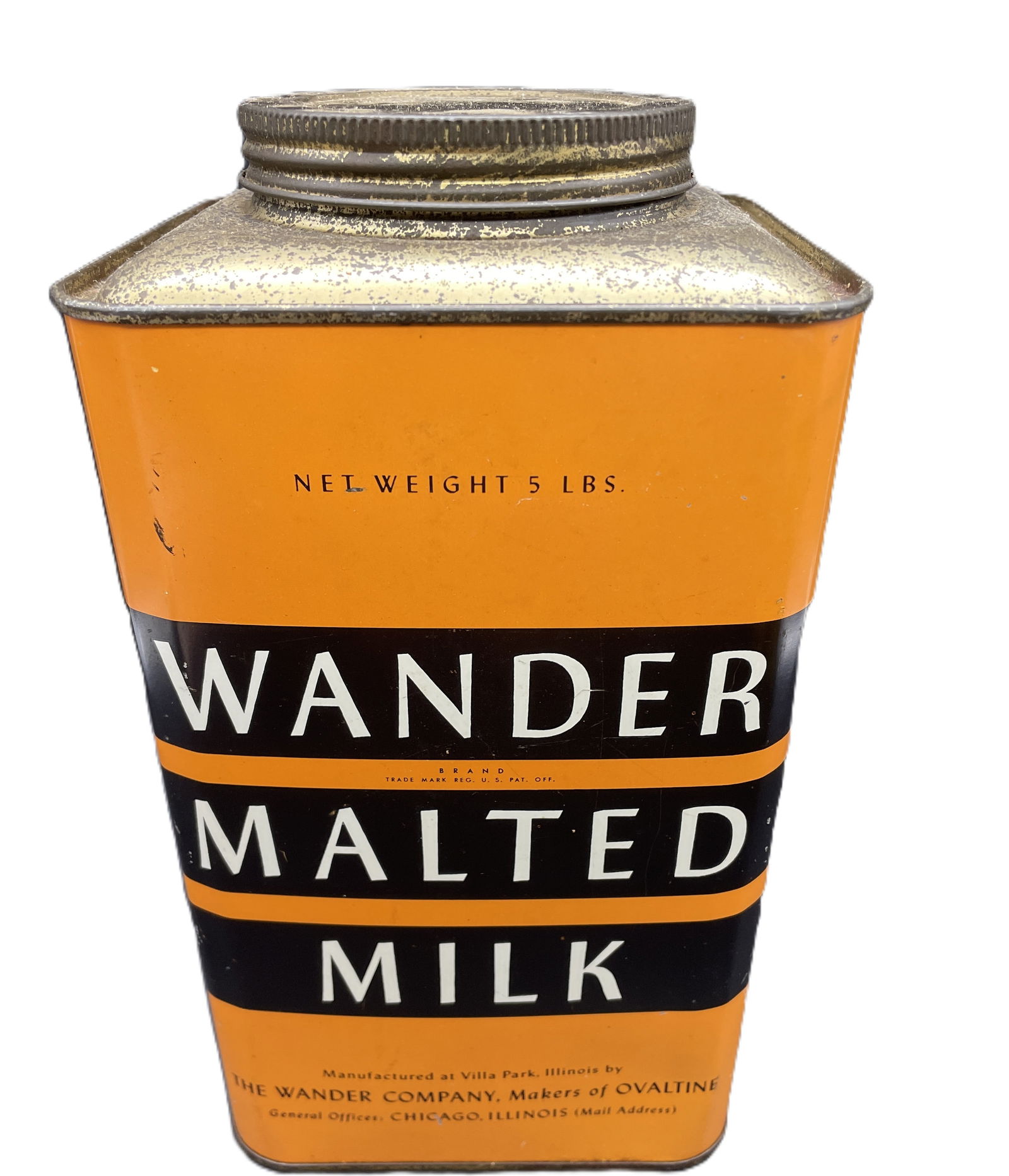VINTAGE WANDER MALTED MILK TIN. COUNTRY STORE ADVERTISING: Date/Period: UNKNOWNDimension: Approx 9.5 x 5Material: METALAdditional Information: INTAGE COUNTRY STORE ADVERTISING WANDER MALTED MILK TIN. BIG 5 POUND CAN. WANDER MALTED MILK WAS MADE BY SAME