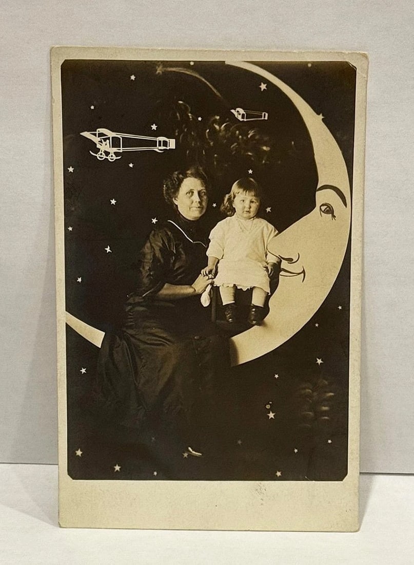 RPPC Real Photo Paper Moon Postcard Woman Child Biplanes Stars Cute Moon 1900 - 2