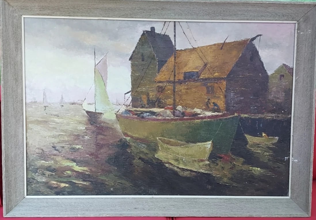 oil painting 1950 European Port Ships Great Colors: Great looking piece in excellent condition. Great colors. Guessing from 1970's . Measures 24 x 36" without frame. Shipping charges include insurance. Shipping:Domestic: Flat-rate of $70.00 to