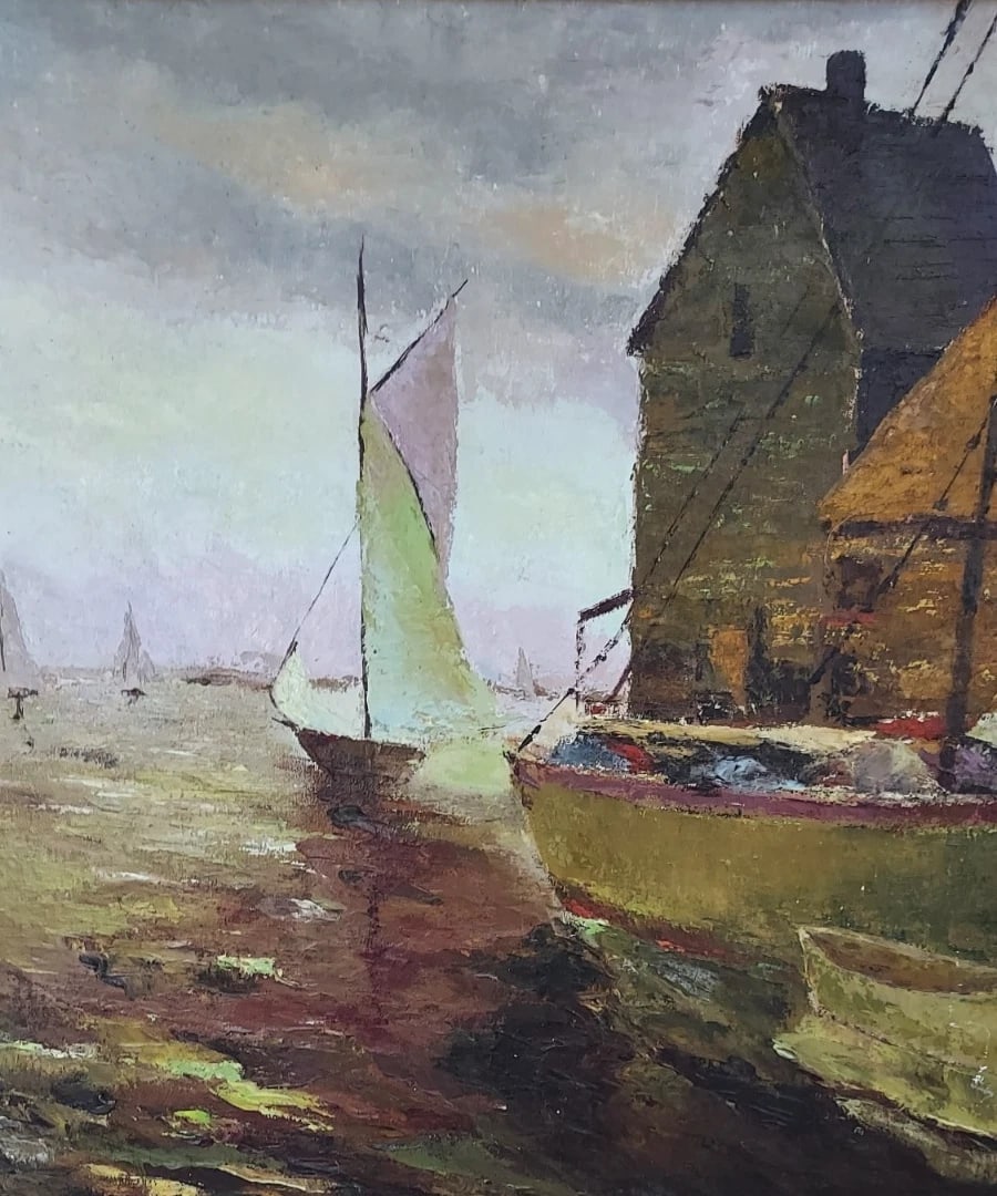 oil painting 1950 European Port Ships Great Colors - 2