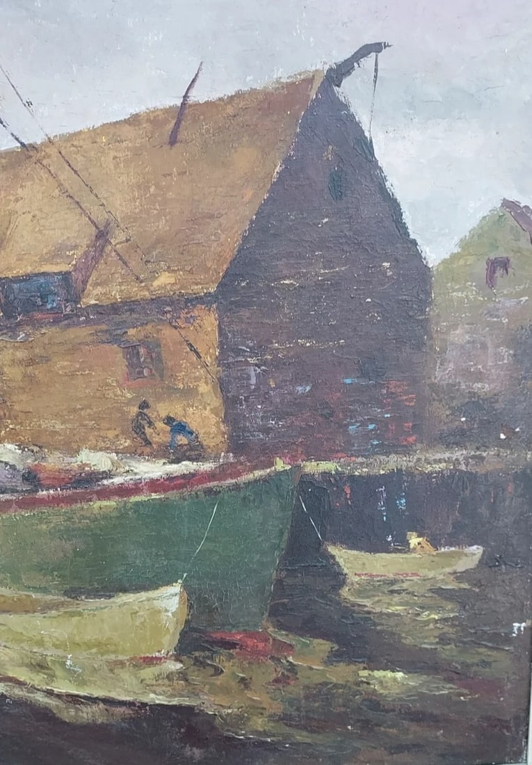 oil painting 1950 European Port Ships Great Colors - 3