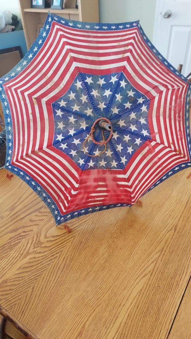 Centennial Period parasol American Flag Patriotic star stripes: Neat piece in very good condition. Some stains as shown in photos. I have been buying these for 25 years and never seen a perfect one. HAS ALL tassles which is extremely rare. Has original hoop that