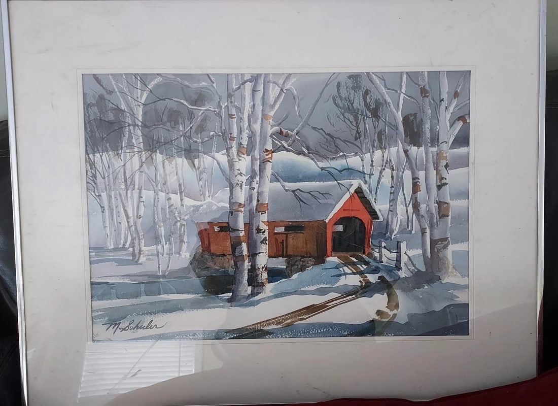 1950 Watercolor Covered Bridge M. Schuler: Great looking piece in excellent condition. Great colors. Nice detail Measures 20 x 14" plus beautiful frame 28 x 21" overall. Shipping charges include insurance. Shipping:Domestic: Flat-rate of