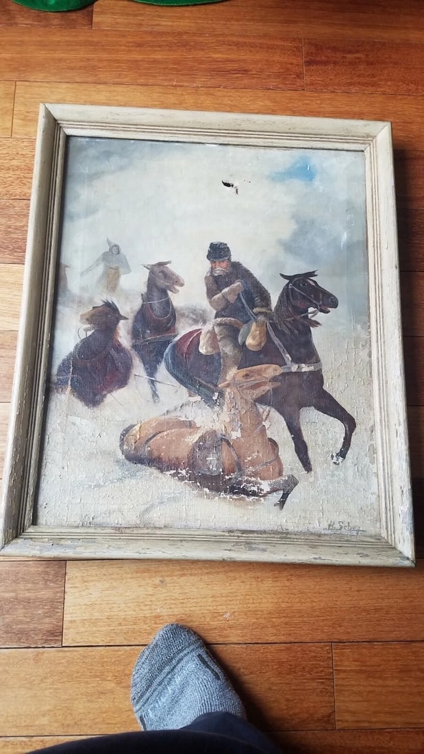 Oil painting 19th century War soldier on horse Schum: Great looking piece in fair condition. Dated to 19th century. Painting Measures approximately 16 × 20 " with out frame. Good weight. Shipping charges include insurance. Shipping:Domestic: