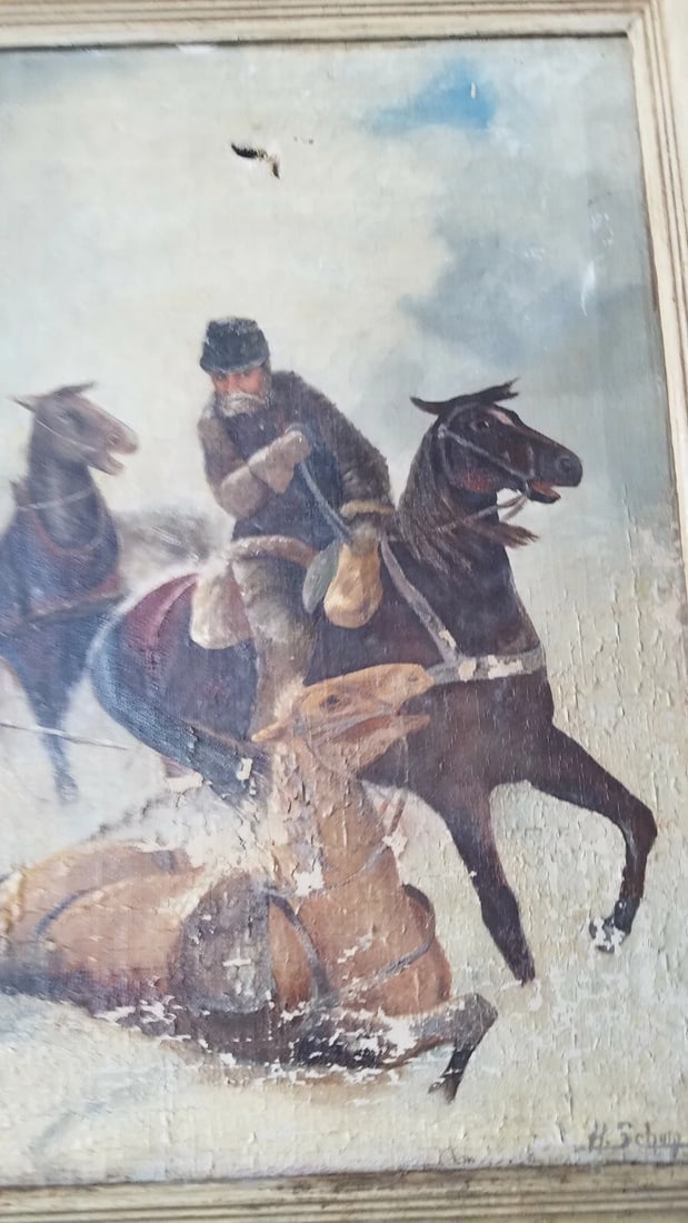 Oil painting 19th century War soldier on horse Schum - 2