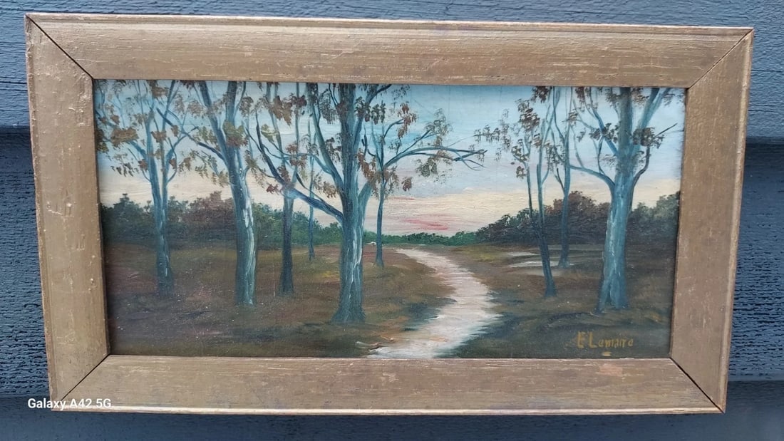 Oil painting On Board Woodland Scene 19th century 4 X 9: Great looking piece in good condition. Love the folky trees and family time on the pond. Dog on shore. Dates to 1890. Measures approximately 16 x 24" NO frame. Painted on board. Shipping charges