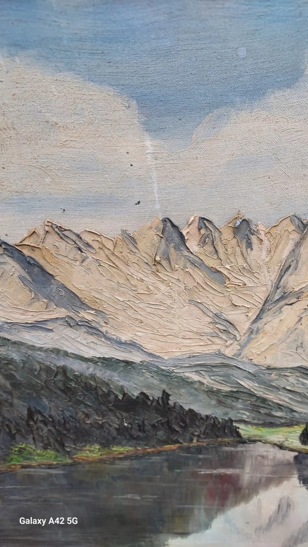 Mountain scene oil painting on Board 1920 signed great colors - 3