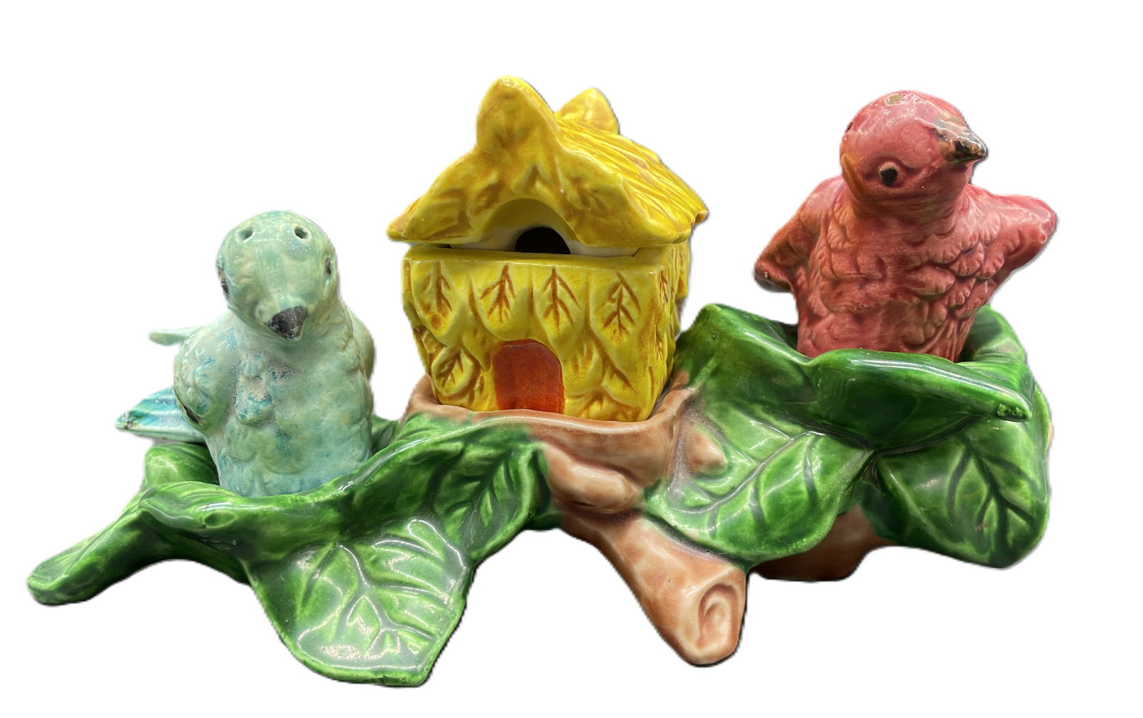 Vtg 1940s Japan Ceramic Bird Birdhouse Salt & Pepper Shakers & Condiment Tray: Date/Period: Approx 1040'sDimension: Approx. 7 x 3"Material: ceramicAdditional Information: Vintage 1940s Japan Colorful Ceramic Birds on a Branch Salt & Pepper Shakers with Birdhouse Condiment Tray