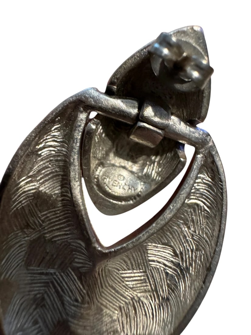 VTG Signed Givenchy Paris Silver satin nickel Dangle Pierced Earrings - 2