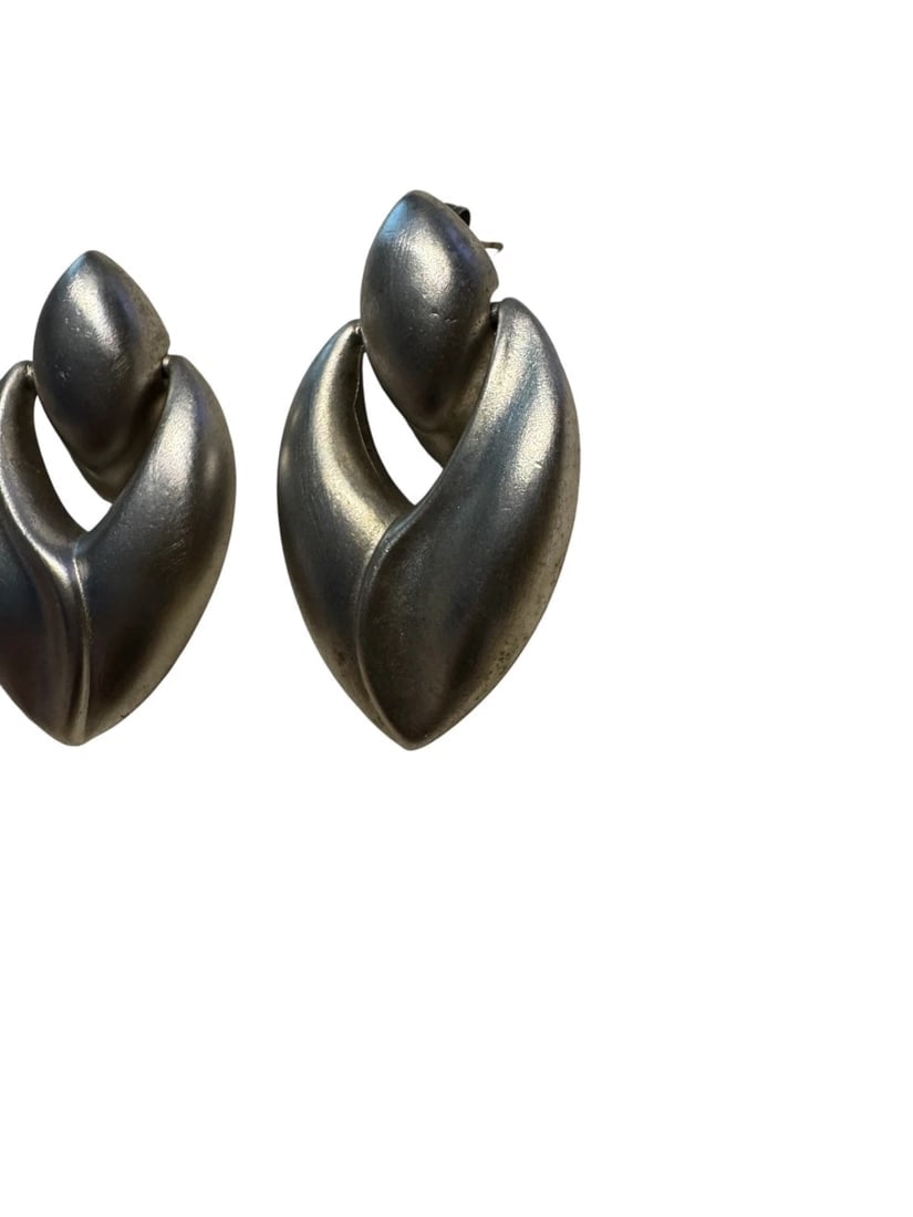 VTG Signed Givenchy Paris Silver satin nickel Dangle Pierced Earrings - 3