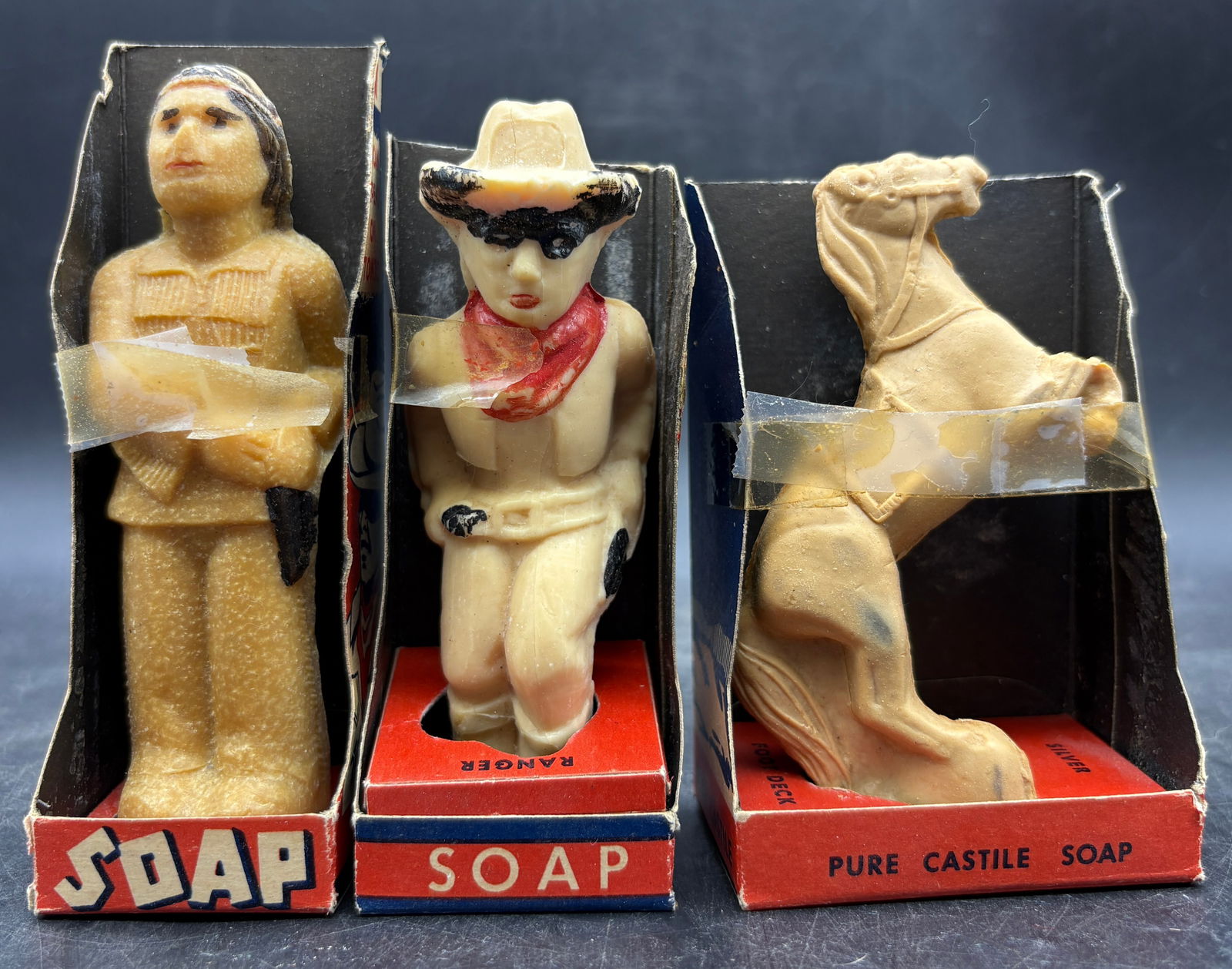 RARE LONE RANGER, TONTO & SILVER VINTAGE SOAPS IN ORIGINAL BOXES 1930'S 1940'S: Date/Period: Approx 1930=40'sDimension: tallest is approx 5"Material: mixed materialsAdditional Information: Delve into the captivating world of the Wild West with this rare set of vintage Lone