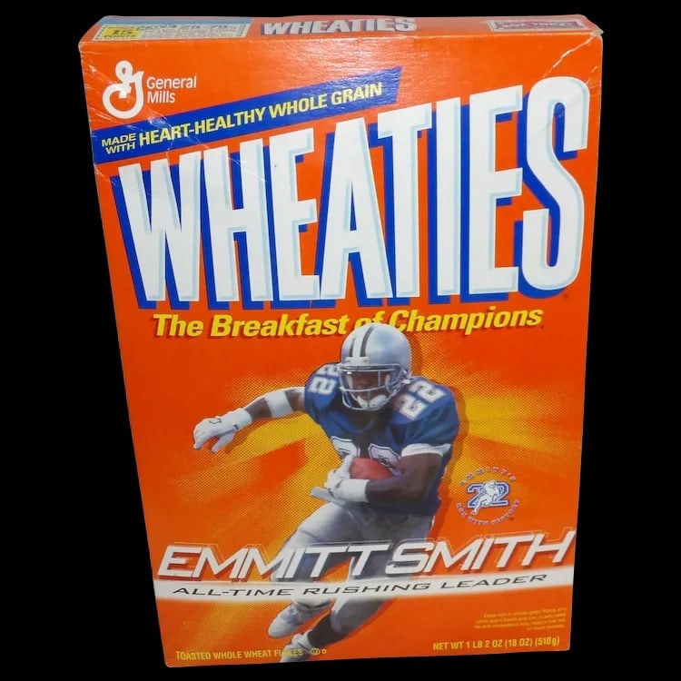 Wheaties NOS Full Box 1995 Emmitt Smith: Wheaties Full Box NOS 1995 Emmitt Smith All-Time Rushing Leader. Excellent condition; full box has kept its shape perfectly. Measures 12” x 8” x 2 ¾”. Item ID: ls009661. 