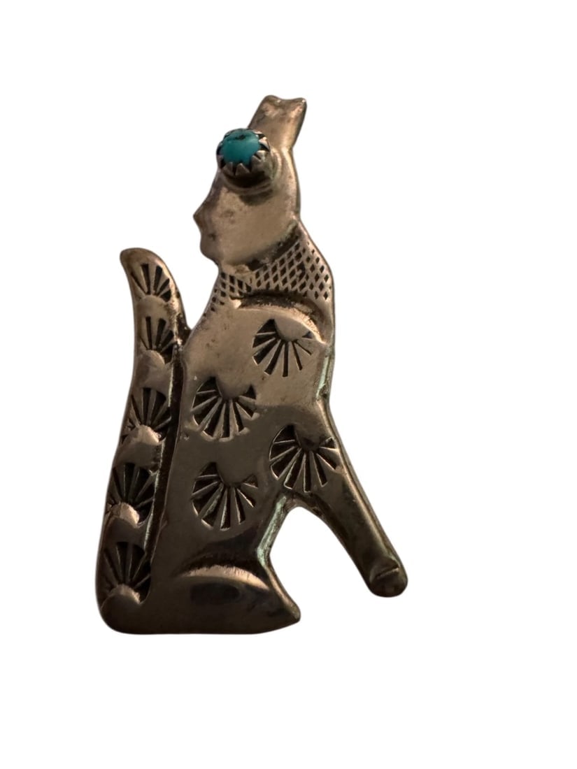 Vintage Sterling Silver Navajo Coyote Turquoise Pin Pendant Signed Sterling - 3