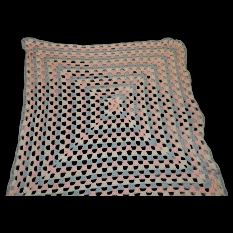 Handmade Knitted Baby Blanket: Vintage handmade knitted baby blanket in pink, blue, and white. Excellent condition with no stains, measuring 30” x 30”. Shipping: Domestic: Flat-rate of $15.00 to anywhere within the cont
