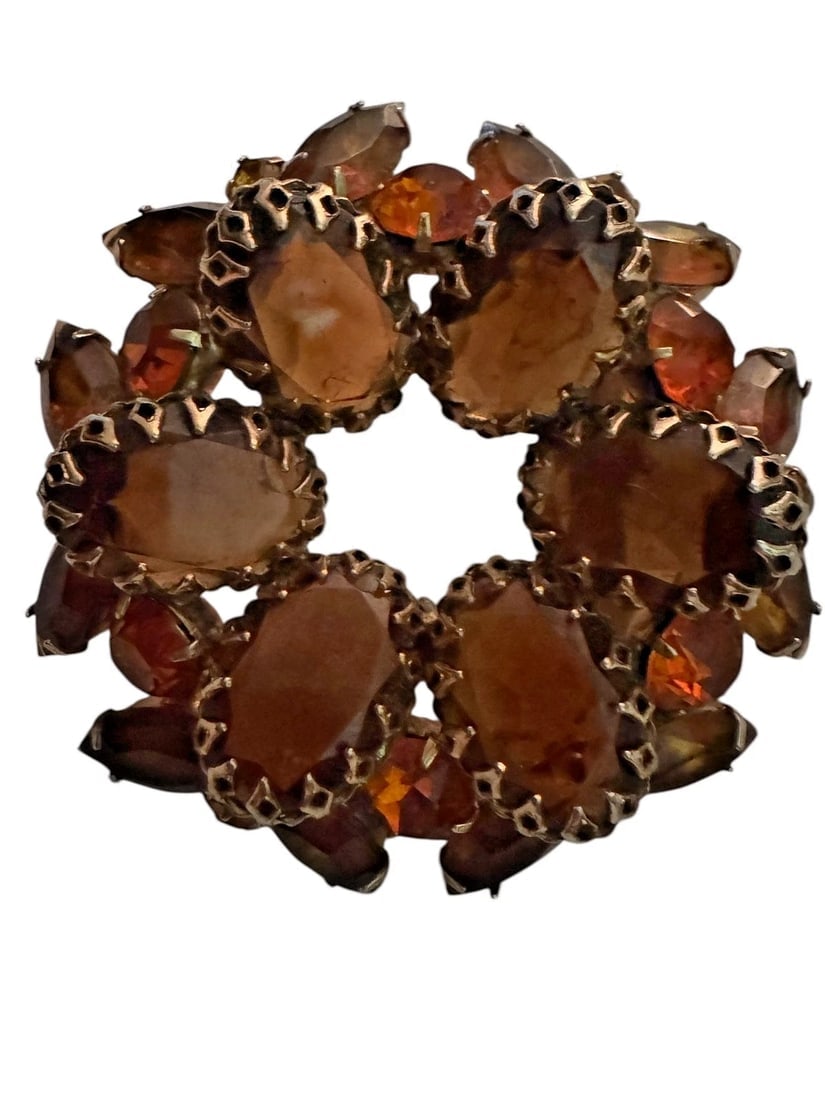 Stunning Citrine Amber Rhinestone Brooch Gold Tone Vintage Weiss Juliana Style - 10