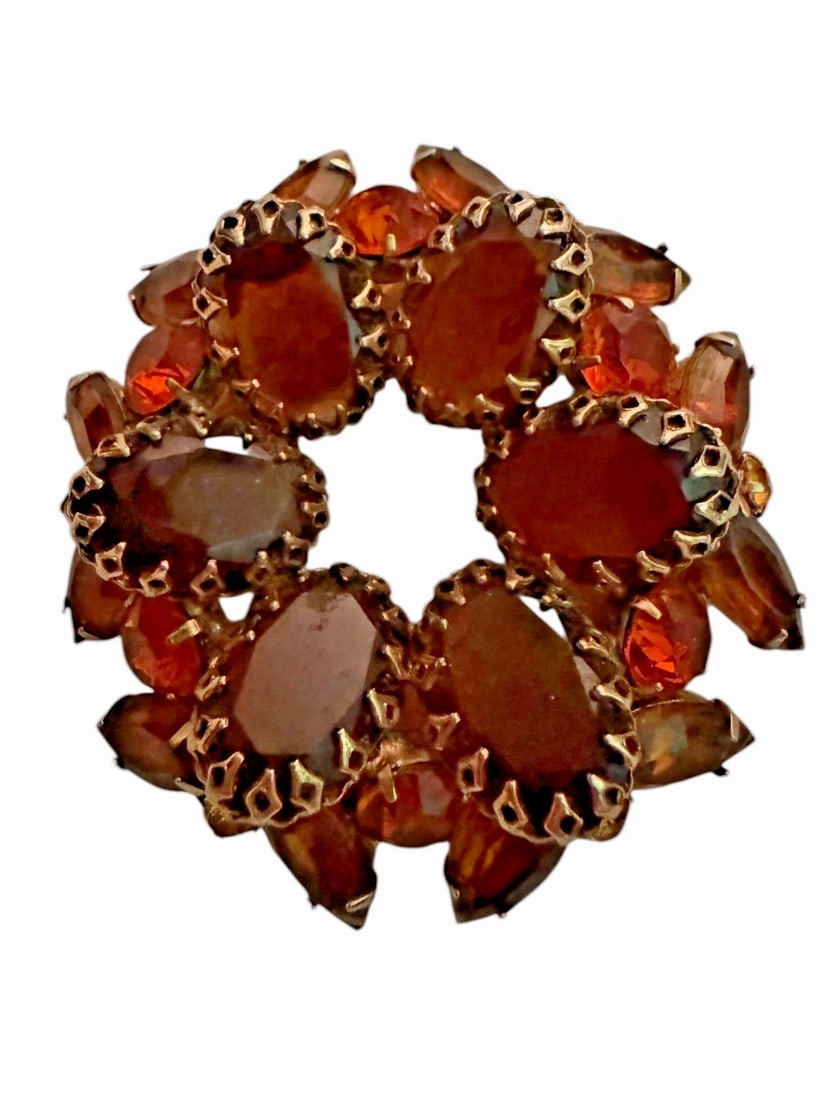 Stunning Citrine Amber Rhinestone Brooch Gold Tone Vintage Weiss Juliana Style - 11