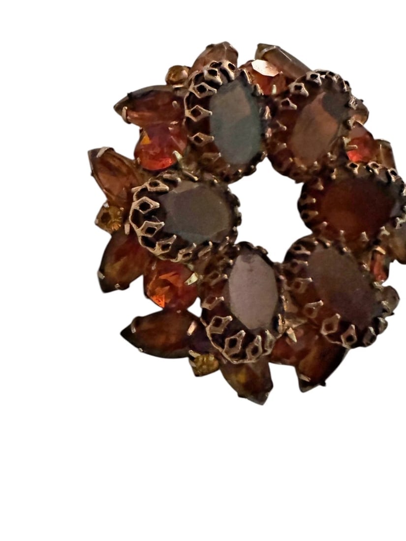 Stunning Citrine Amber Rhinestone Brooch Gold Tone Vintage Weiss Juliana Style - 3