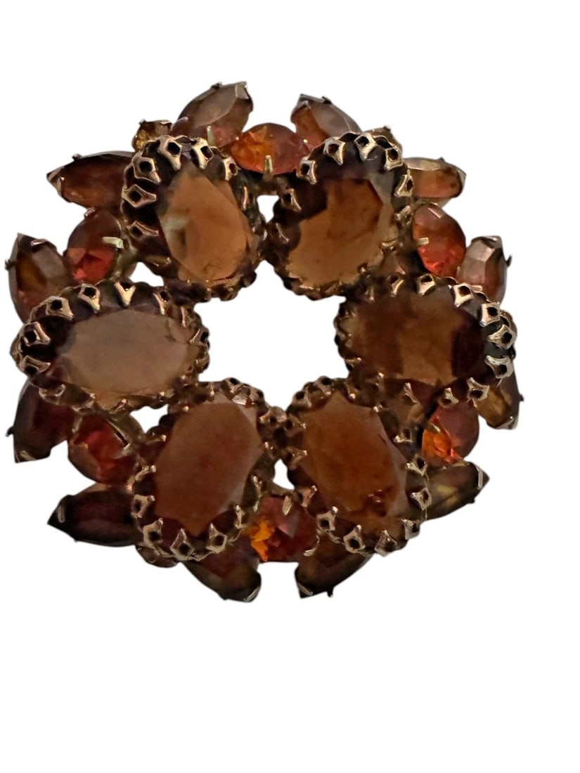 Stunning Citrine Amber Rhinestone Brooch Gold Tone Vintage Weiss Juliana Style - 7