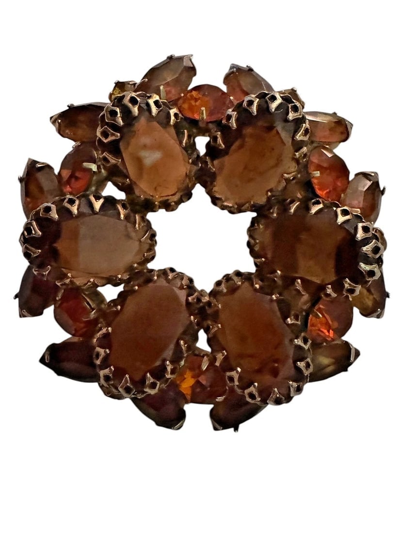 Stunning Citrine Amber Rhinestone Brooch Gold Tone Vintage Weiss Juliana Style - 9
