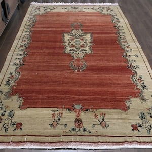 7'8x11'9 ft, ORANGE BEIGE RUG: Title: 7'8x11'9 ft, ORANGE BEIGE RUG Description: This Turkish one-of-a-kind Anatolian Vintage Rug is hand-knotted and handwoven by the most skilled artisans who use pure wool, in muted, natural tones