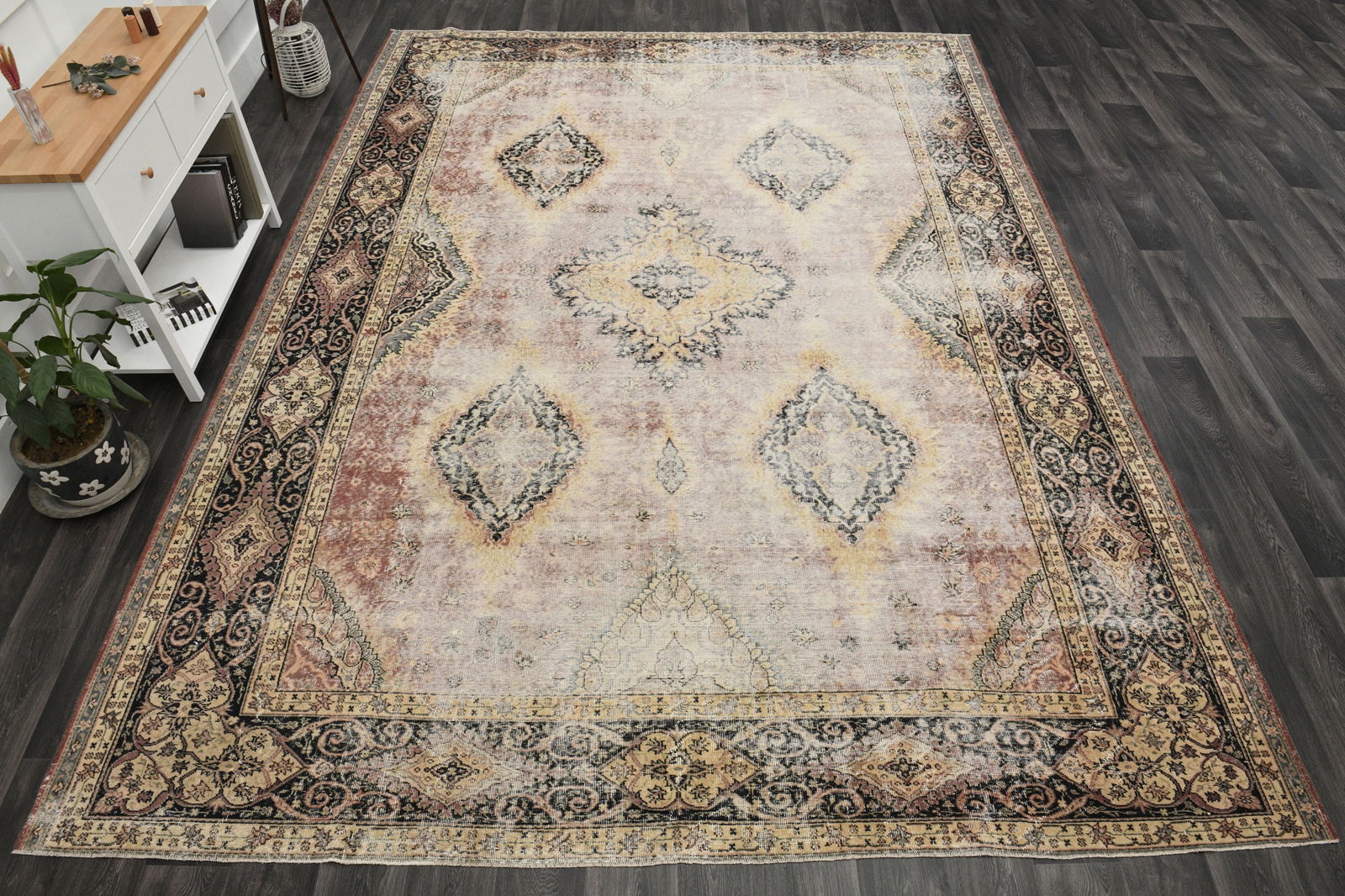 9.9x13.3 ft Oversized Rug: Title: 9.9x13.3 ft Oversized Rug Description: This Turkish one-of-a-kind Anatolian Vintage Rug is hand-knotted and handwoven by the most skilled artisans who use pure wool, in muted, natural tones, an