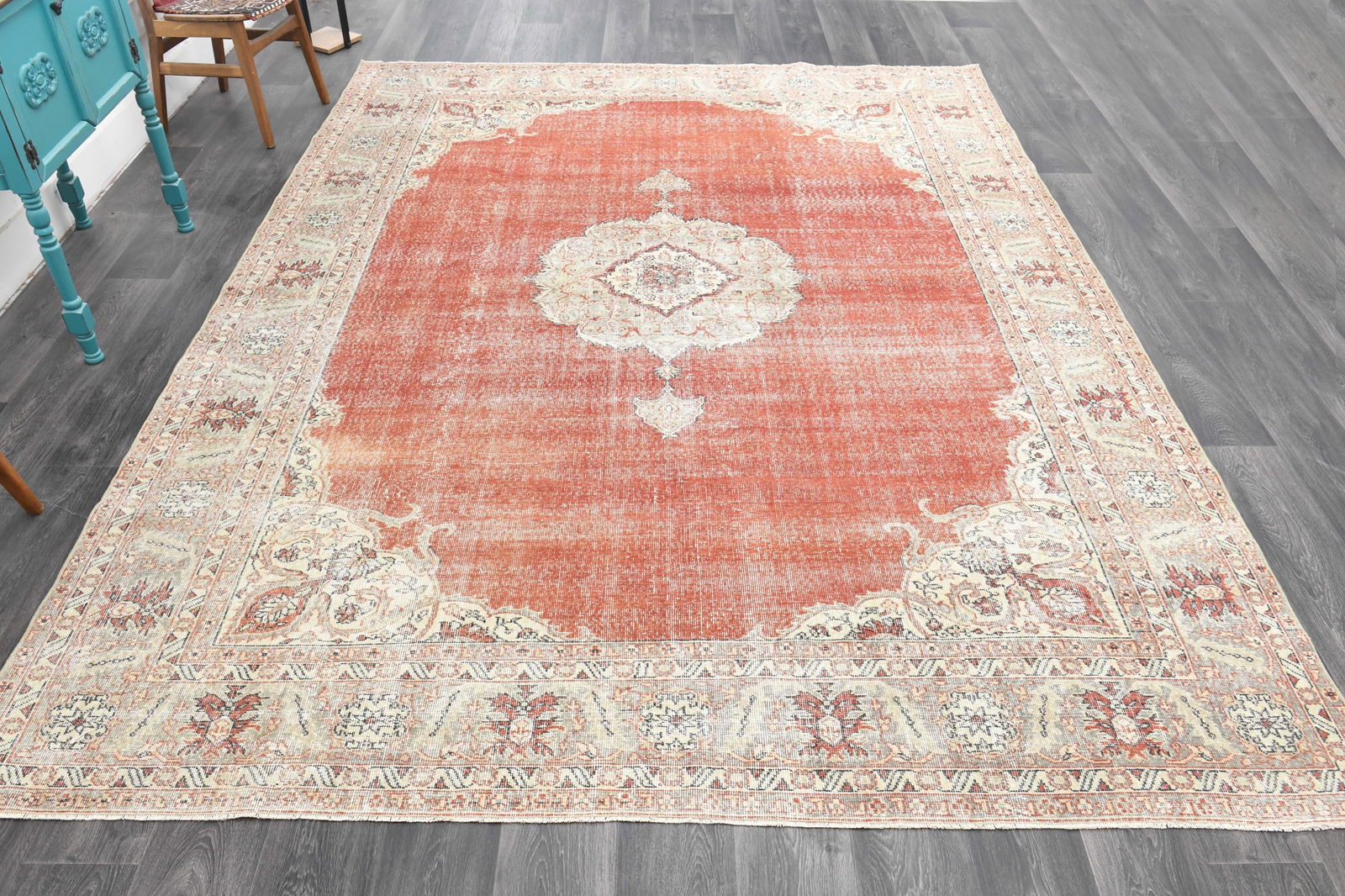 8.6x11.5 ft, ORANGE BEIGE TURKISH: Title: 8.6x11.5 ft, ORANGE BEIGE TURKISH Description: This Turkish one-of-a-kind Anatolian Vintage Rug is hand-knotted and handwoven by the most skilled artisans who use pure wool, in muted, natural t