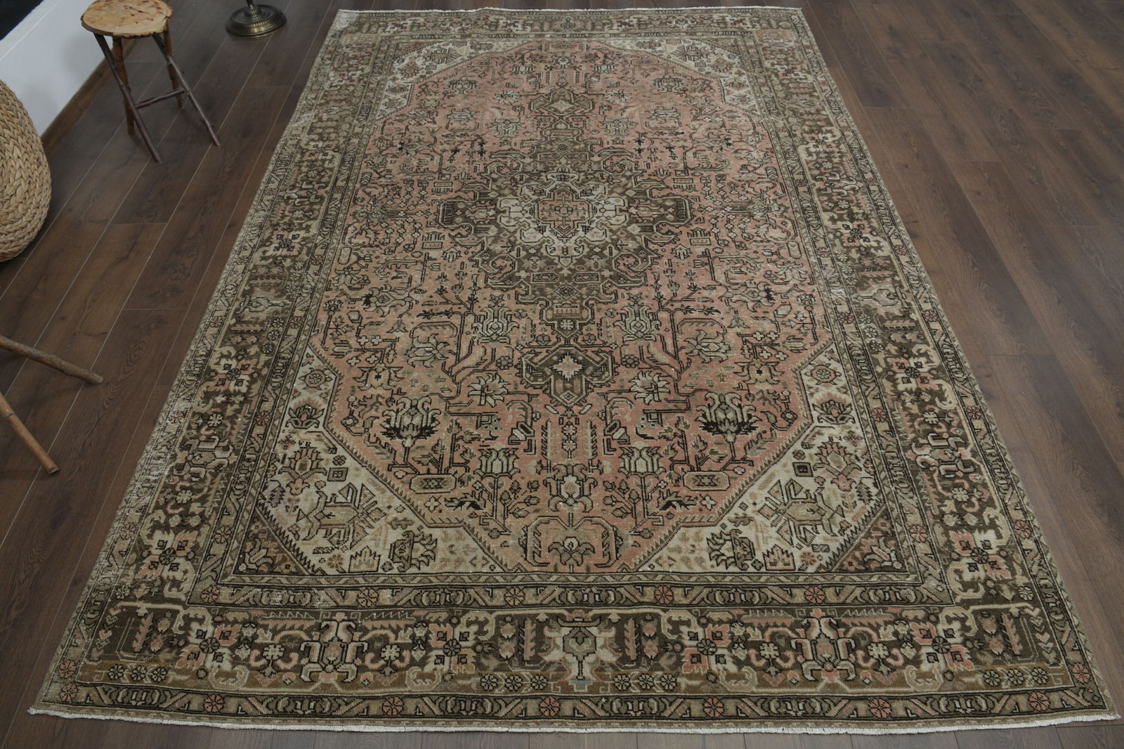 6.6x9.5 ft, PINK PERSIAN RUG: Title: 6.6x9.5 ft, PINK PERSIAN RUG Description: This Turkish one-of-a-kind Anatolian Vintage Rug is hand-knotted and handwoven by the most skilled artisans who use pure wool, in muted, natural