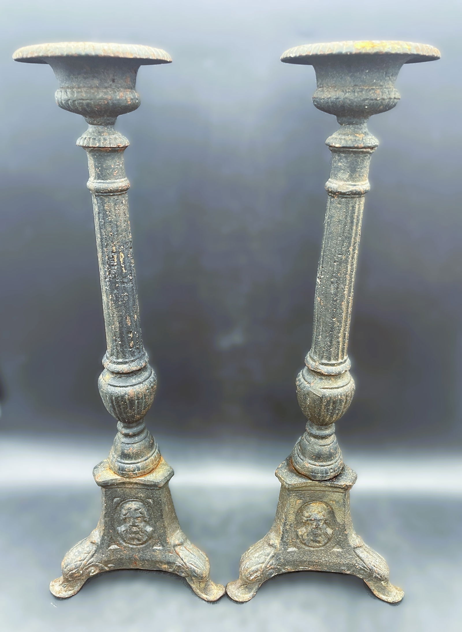 Early Large Cast Iron Candlesticks 16.75" tall - 2