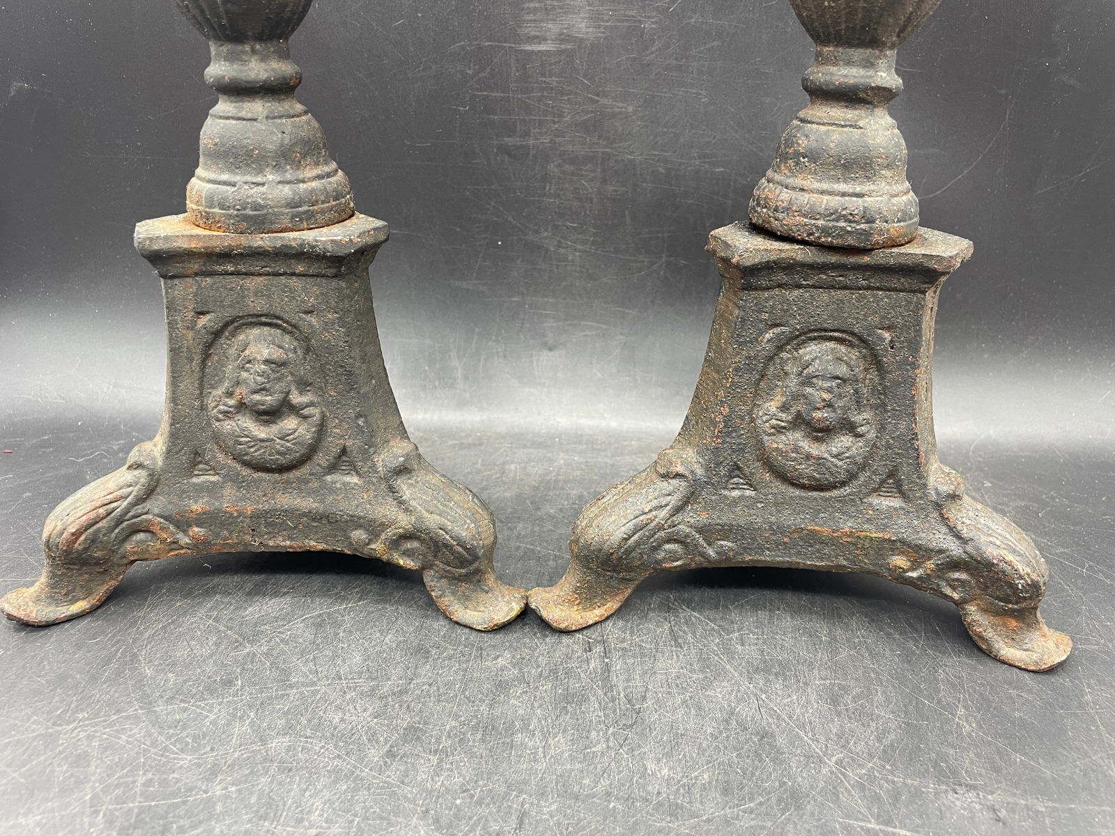 Early Large Cast Iron Candlesticks 16.75" tall - 4
