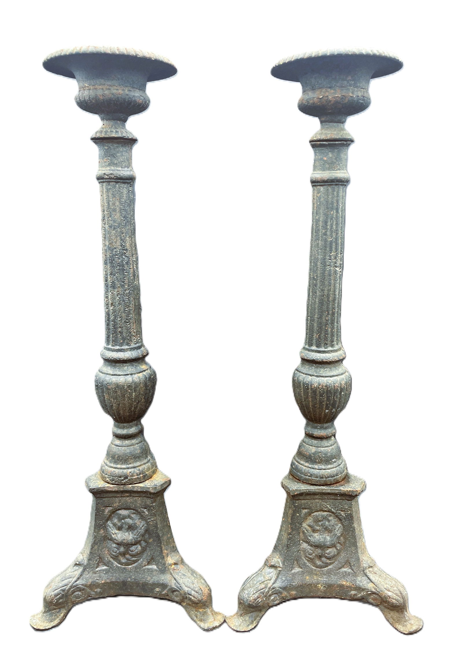 Early Large Cast Iron Candlesticks 16.75" tall - 5