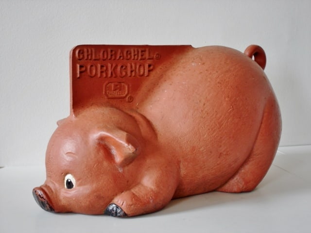 CAST IRON PIG BOOT SCAPPER AND ADVERTISING: THIS PIG IS AN ADVERTISING FOR CHLORTETRACLINE FEED, FOR PIGS AND POULTRY. IT HAS PORK CHOP AND A REGISTERED TRADE MARK CAST IN THE SIDES. IN OLD BURNT ORANGE PAINT. WEIGHTS 20 LBS, AND IS 13 1/4" X