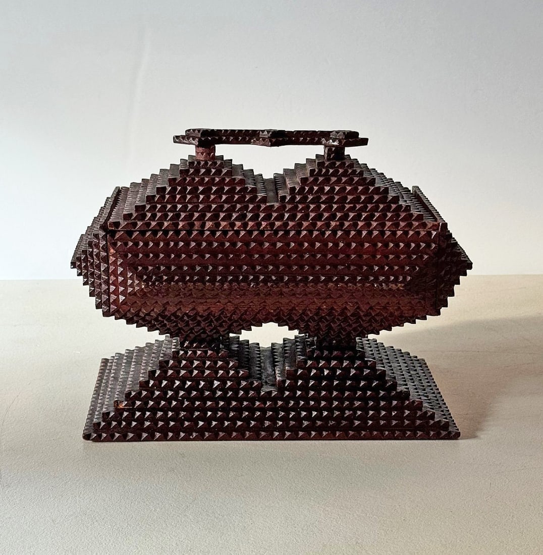 Painted Tramp Art Double Pedestal Box: Title: Painted Tramp Art Double Pedestal Box Description: Handmade tramp art double pedestal box made entirely out of the wood from disused cigar boxes. Made in the traditional tramp art style with