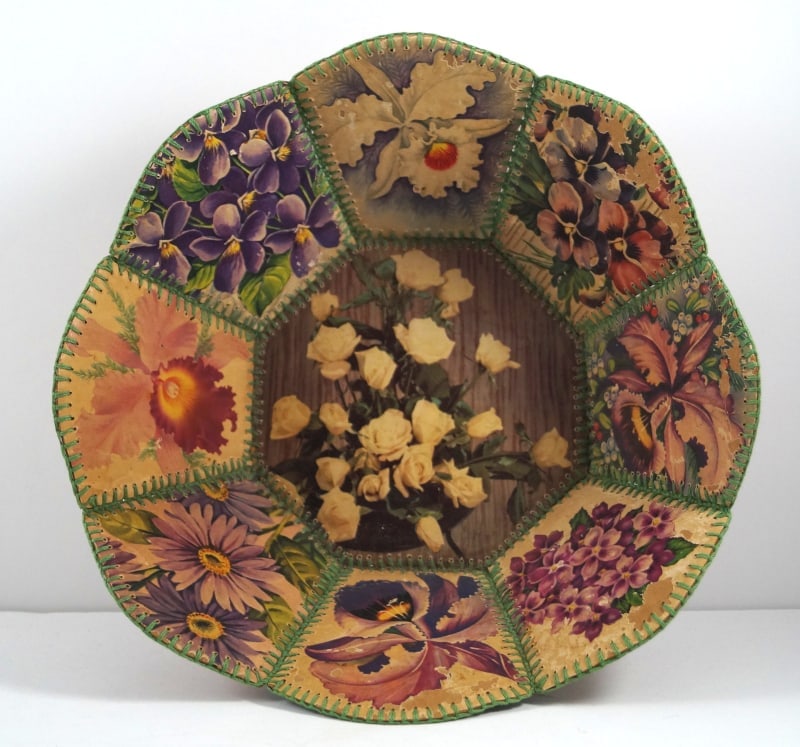 Vintage Christmas Card Hand Made Crochet Basket: Title: Vintage Christmas Card Hand Made Crochet BasketDimension: 3 ½” tall x 11 ¾” wide at top x 5 ¾” wide at bottomDate: Ca. 1930’sAdditional Information: