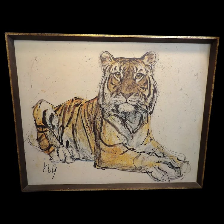 Vintage Fritz Hug Resting Tiger Framed Print: Classic mid-century framed print of a 'Resting Tiger' by Fritz Hug. Known for expressive animal portraits. Textured print in original period frame. Item ID: ls009741. Shipping:Domestic: Flat-rate of