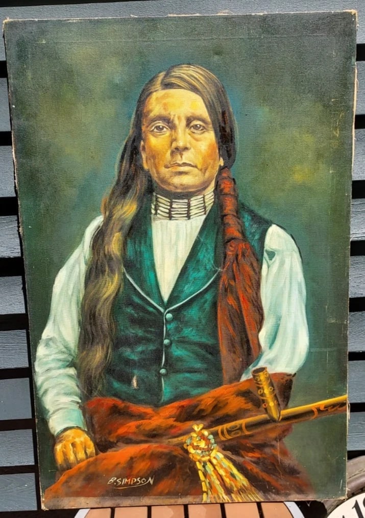 Native AMERICAN oil Painting Signed 1950 B. Simpson 24 x 36: Great looking piece in excellent condition. Guessing from 1950's . Measures 24 x 36" . Shipping charges include insurance. Shipping:Domestic: Flat-rate of $60.00 to anywhere within the contiguous
