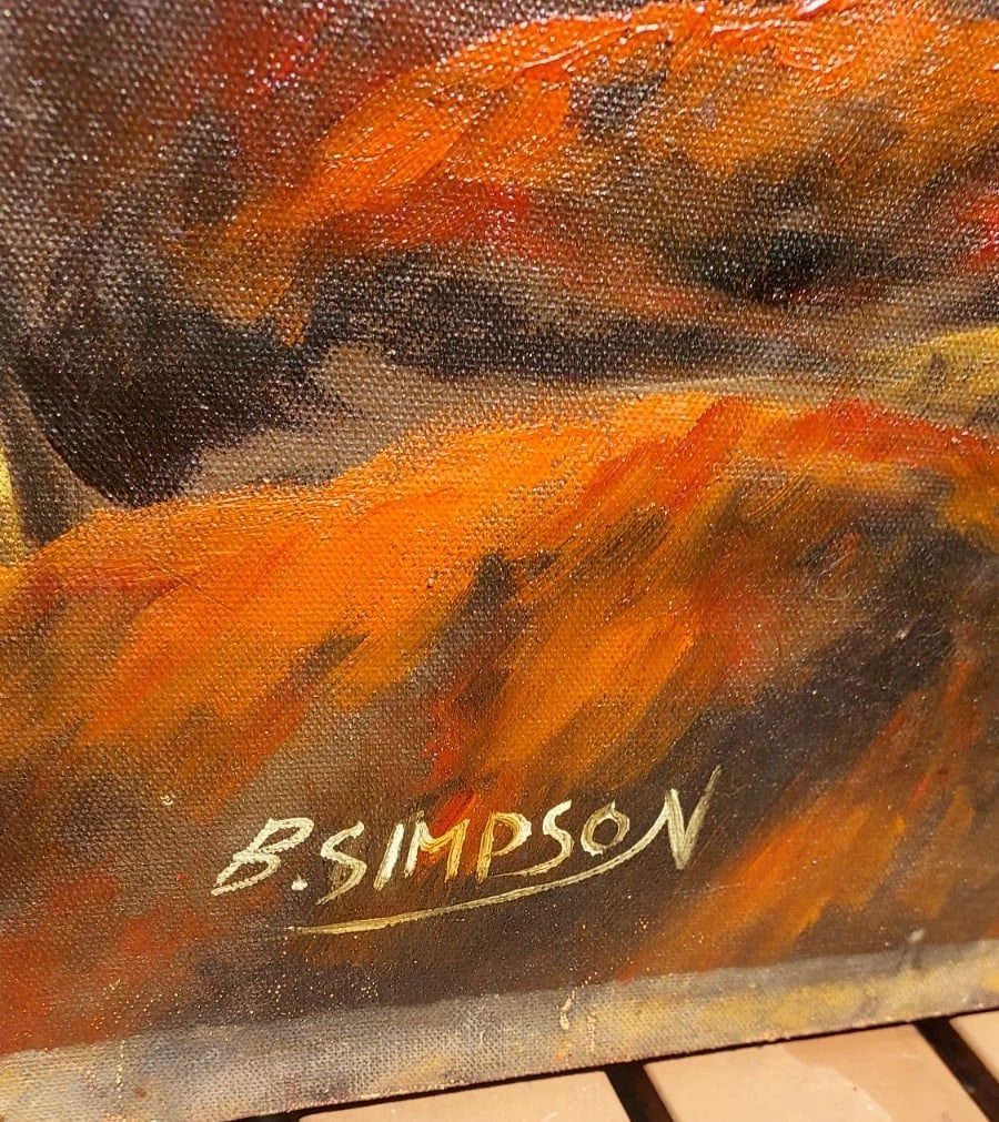 Native AMERICAN oil Painting Signed 1950 B. Simpson 24 x 36 - 3