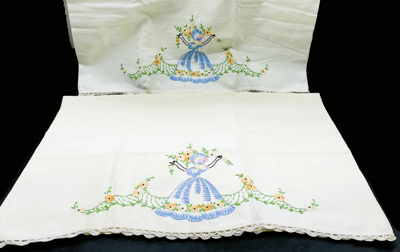 Vintage Pillowcases Handmade Embroidered GIRL Flowers: Date/Period: Approx 1950'sDimension: Approx. 29 x 20.5"Material: fabricAdditional Information: Vintage Pillowcases Handmade Embroidered GIRL Flowers Shipping:Domestic: Flat-rate of $8.00 to anywhere