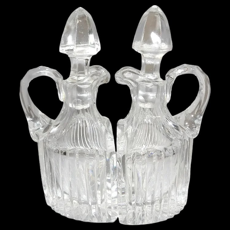 Antique Pair Flint Glass Flat Sided Cruets: RARE pair of antique 19th-century American flint glass cruets. Flat-sided design with clear, heavy glass. Perfect for a period table setting. Item ID: ls009606. Shipping:Domestic: Flat-rate of