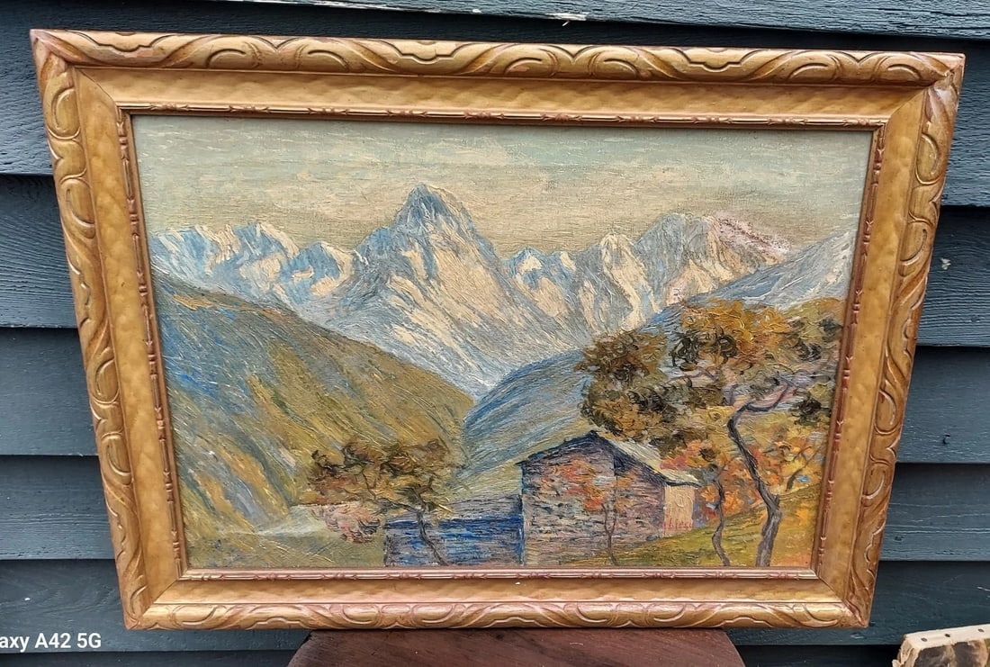 oil painting Mountain Cabin Great Colors Winter Scene: Great looking piece in good condition. 3" tear . Measures 14 x 20" without frame. Shipping charges include insurance. Shipping:Domestic: Flat-rate of $45.00 to anywhere within the contiguous