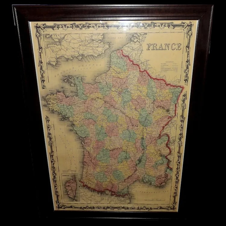 Antique French Map Cavallini Print: High-quality vintage reproduction map of France (original 1850 design) by Cavallini & Co. Printed on Italian acid-free paper. Measures 20 x 28. Perfect for framing or as a wrap. Shipping:Domestic: