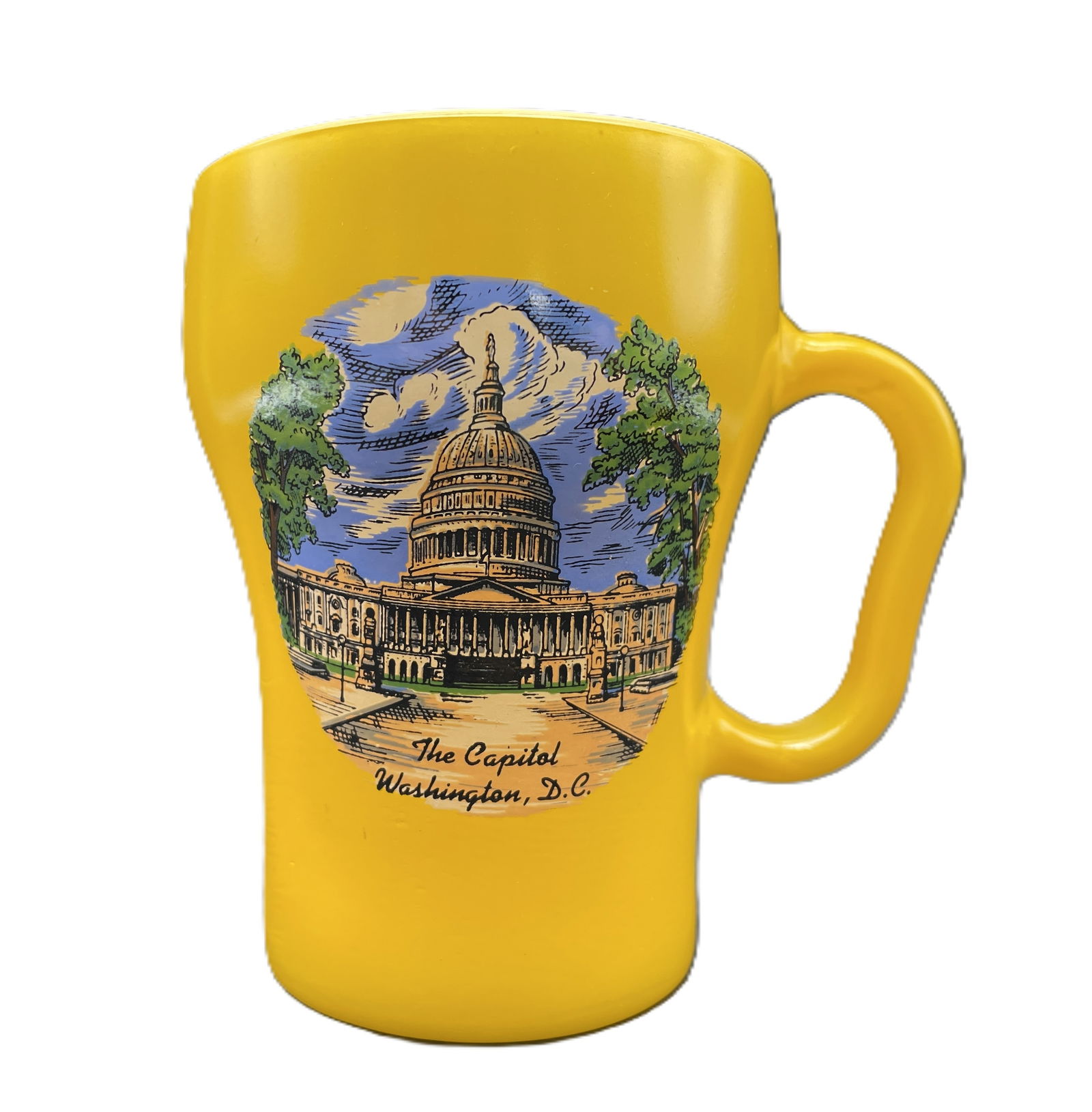 NOS Fire-King Anchor Hocking Capitol Washington DC YELLOW Coffee Soda Mug: Date/Period: Approx 1960'sDimension: Approx. 4" tallMaterial: ceramicAdditional Information: This vintage Fire-King Anchor Hocking 8-ounce coffee mug features a unique design with a Washington DC